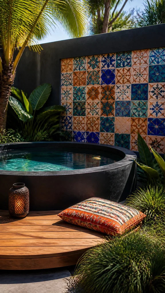 Round mini pool in front of a patterned blue and terracotta tiled wall with a timber platform