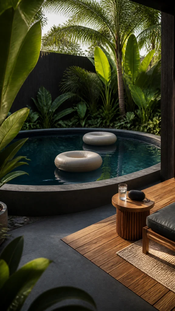 Round mini pool with two floating lounge pods, a timber deck and a side table