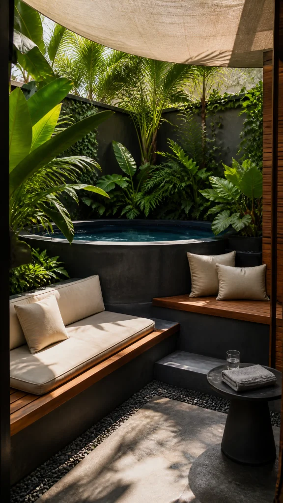 Corner mini pool with tiered timber bench seating and cushions under a shade sail