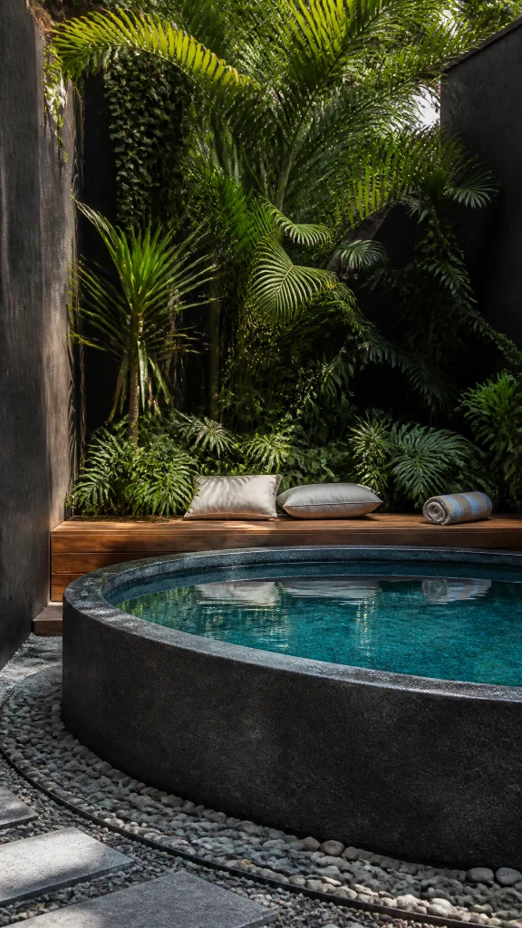 Round mini pool with pebble edging and a built in timber bench with cushions