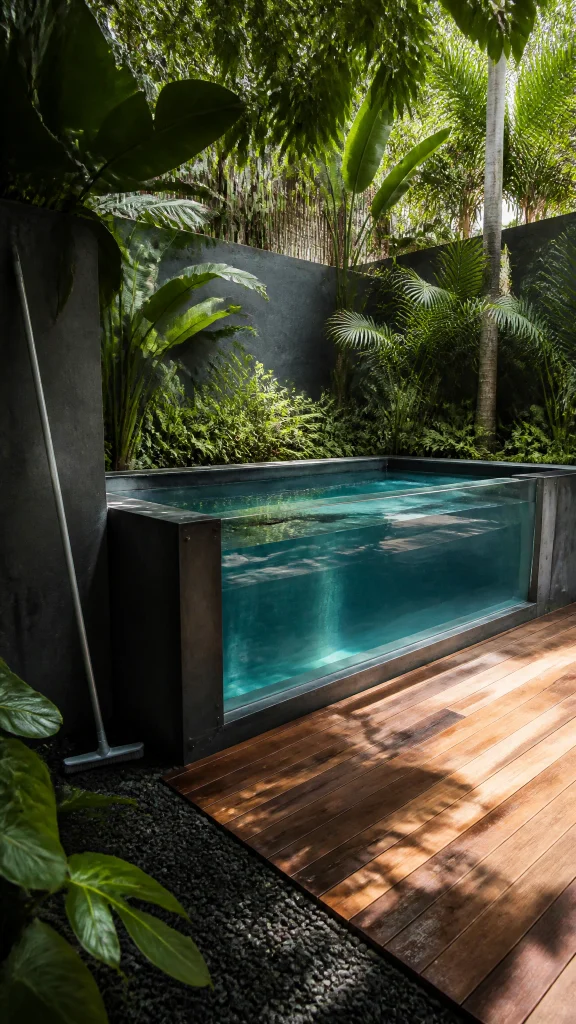 Compact pool with a clear glass side panel and a concrete surround in a small courtyard