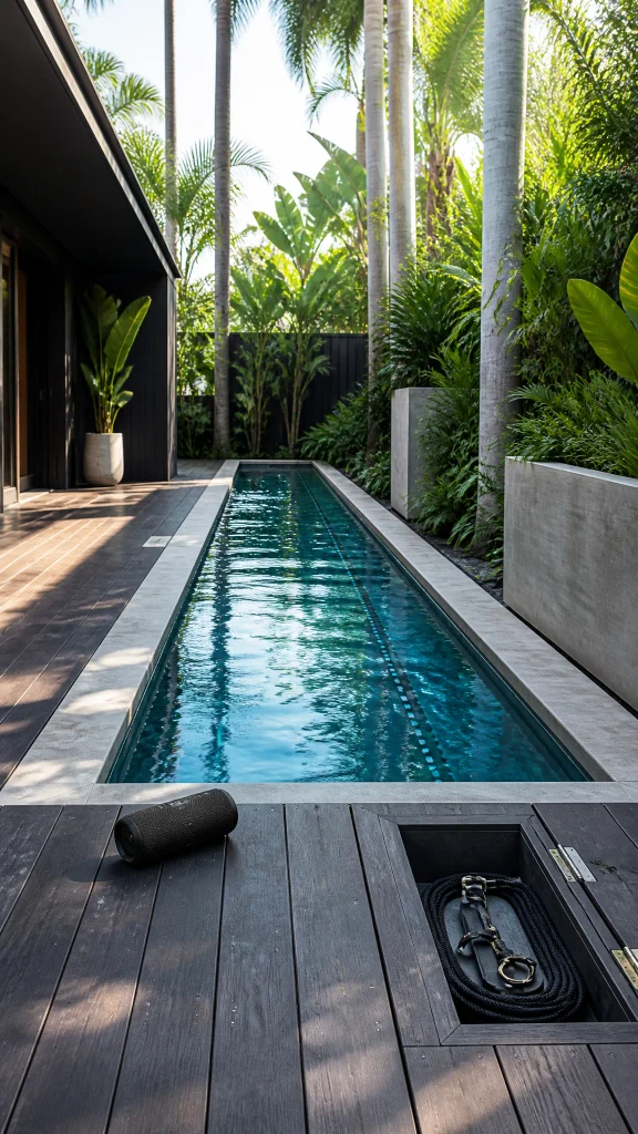 Mini lap pool with dark timber decking and tall tropical planting in a narrow backyard