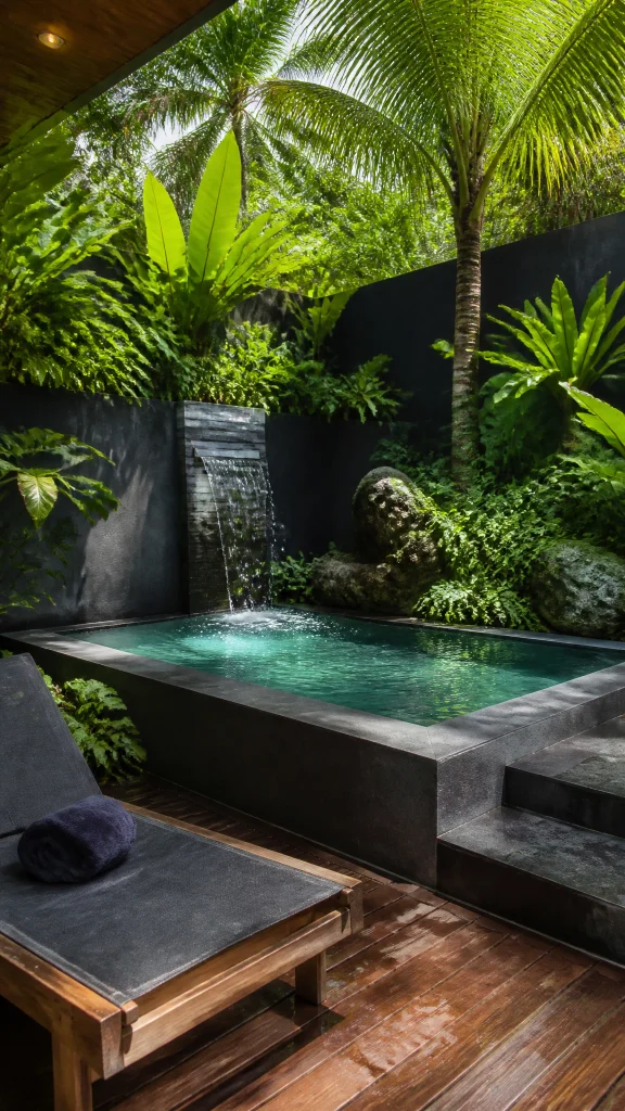 Small pool with a wall mounted waterfall spout, a timber lounger and tropical planting
