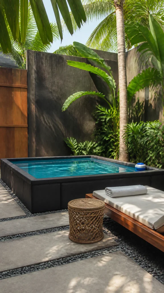 Small backyard plunge pool with a black tiled finish, teak bench and rolled towels on pebble set paving