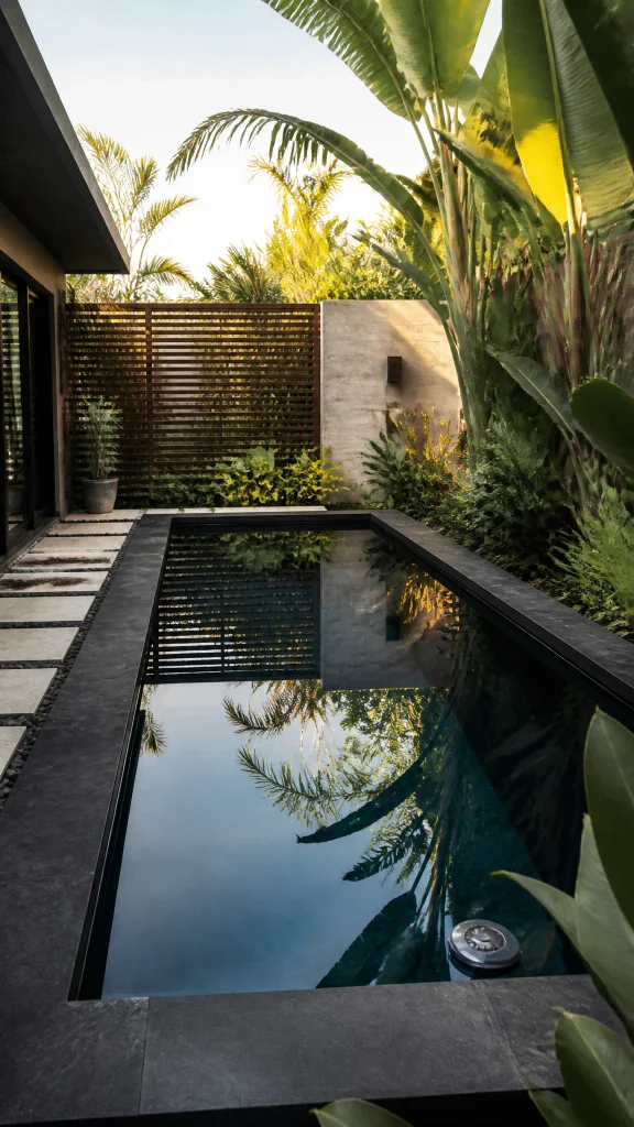 Dark bottomed mini pool reflecting palms and sky like a mirror in a small yard