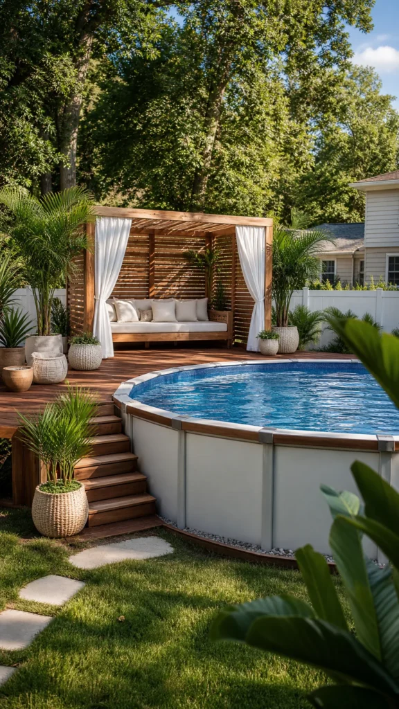 Above ground pool with a slatted cabana and curtains on the deck for a resort look