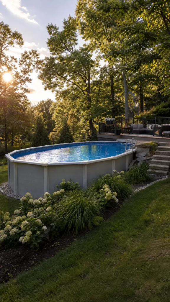 Hillside above ground pool with a deck on the high side and planting below
