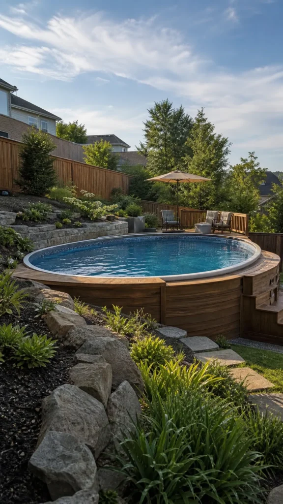 Retaining wall and steps beside a pool built into a slope, a sunken above ground pool idea