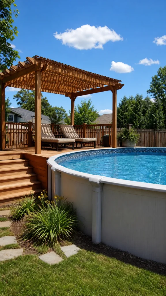 Cedar pergola over an above ground pool deck giving shade without blocking the light