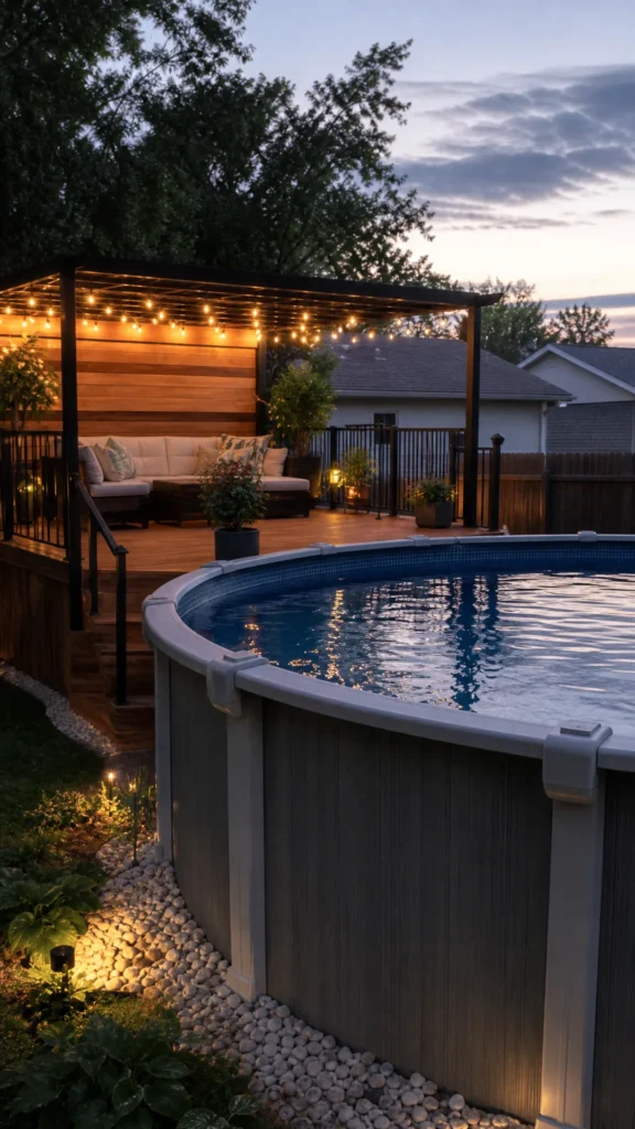 Pergola with hanging lights beside an above ground pool for evening swims