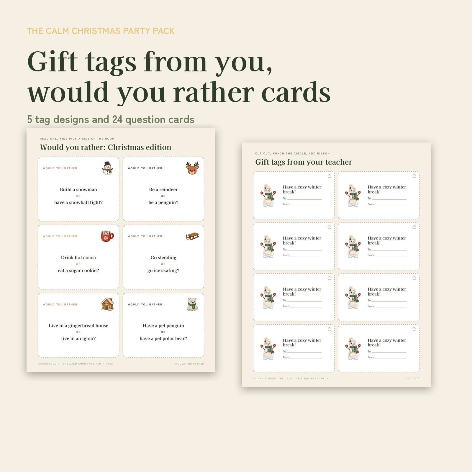 Printable gift tags from your teacher and would you rather Christmas cards