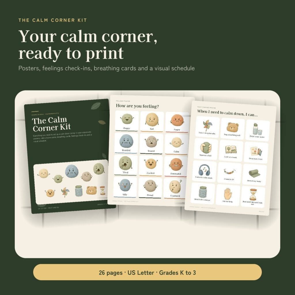 The Calm Corner Kit printable with calm corner sign, feelings chart and breathing posters