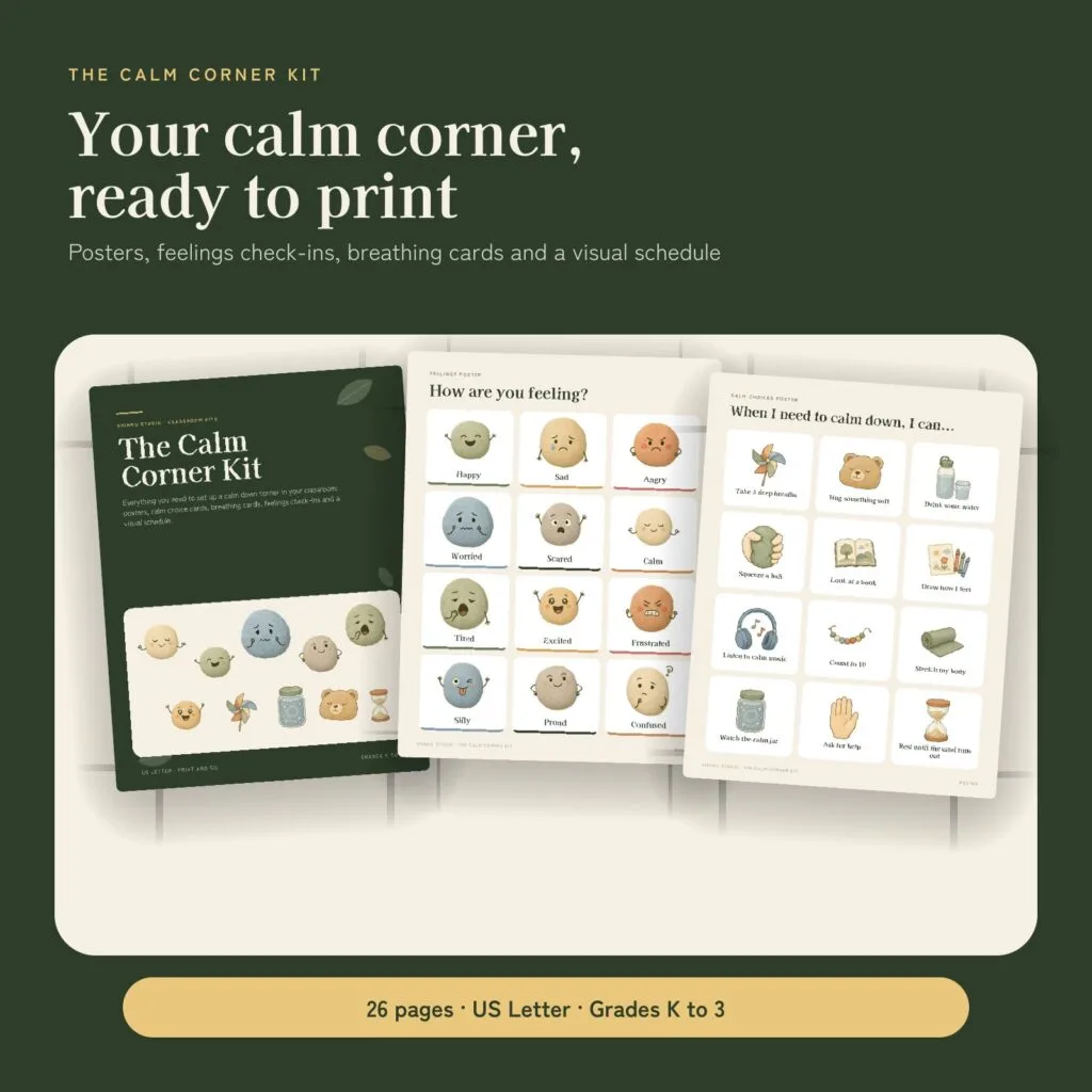 The Calm Corner Kit printable with feelings chart, breathing posters and calm choice cards