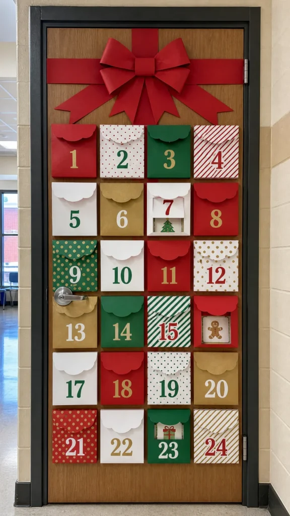 Classroom door turned into a giant advent calendar with 24 numbered paper flaps in red, green, white and gold and a big red bow