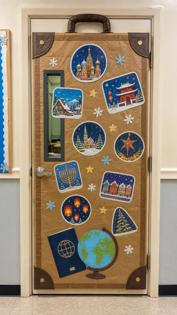 Classroom door decorated as a giant vintage suitcase covered in winter holiday travel stickers from around the world