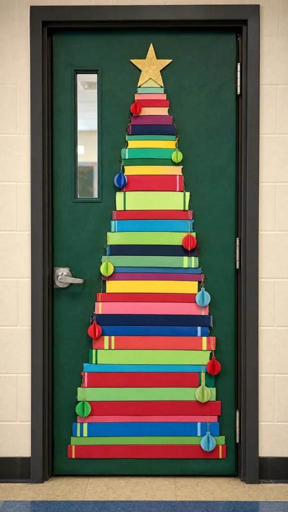 Christmas tree shape made from colorful paper book spines stacked on a dark green classroom door with a gold star on top
