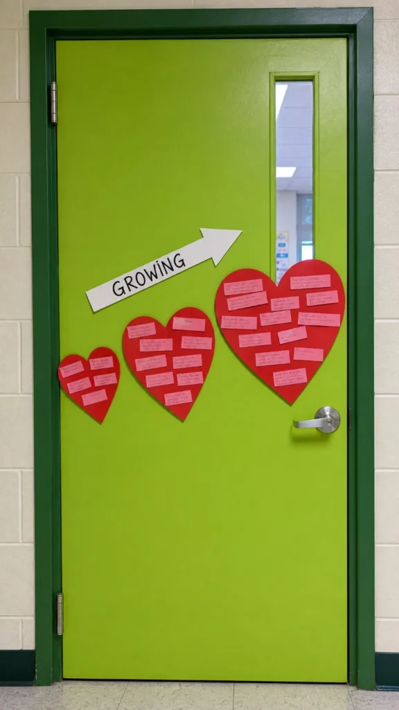 Close up of three red paper hearts growing in size on a green classroom door, covered in handwritten kindness notes