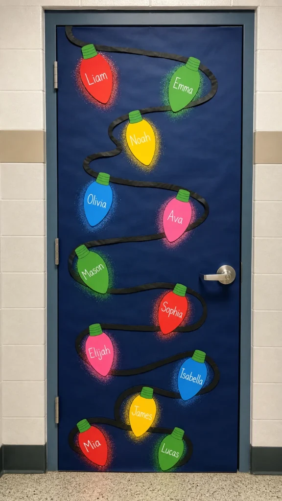 Navy classroom door with a zigzag string of oversized colorful paper Christmas light bulbs, each with a student name