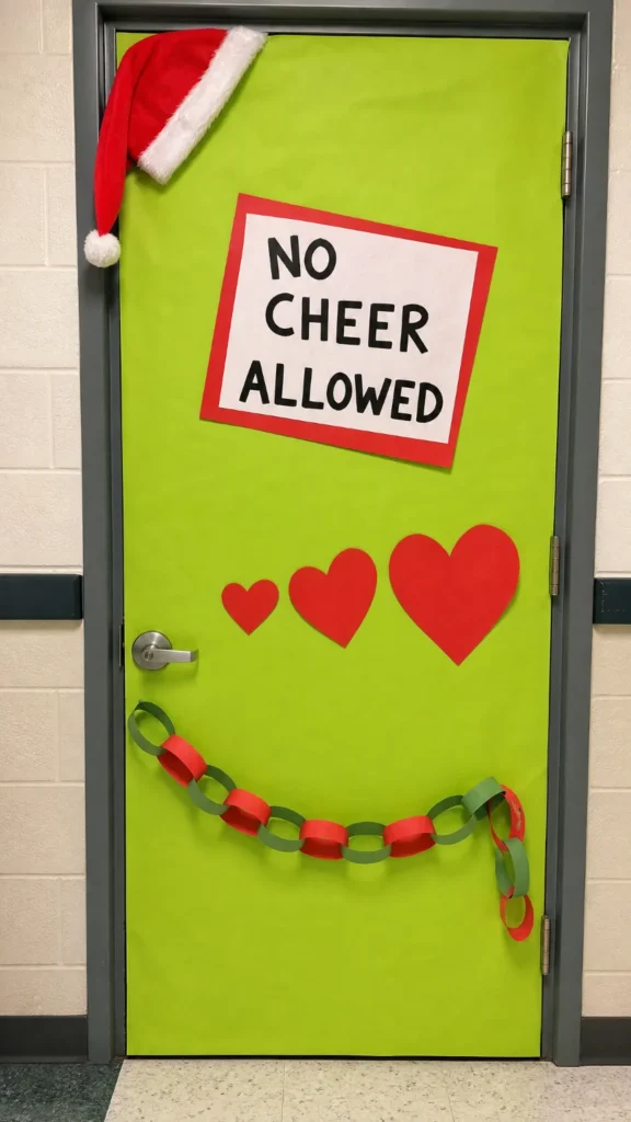 Lime green Grinch themed classroom door with a No Cheer Allowed sign, a lopsided Santa hat and three red paper hearts getting bigger