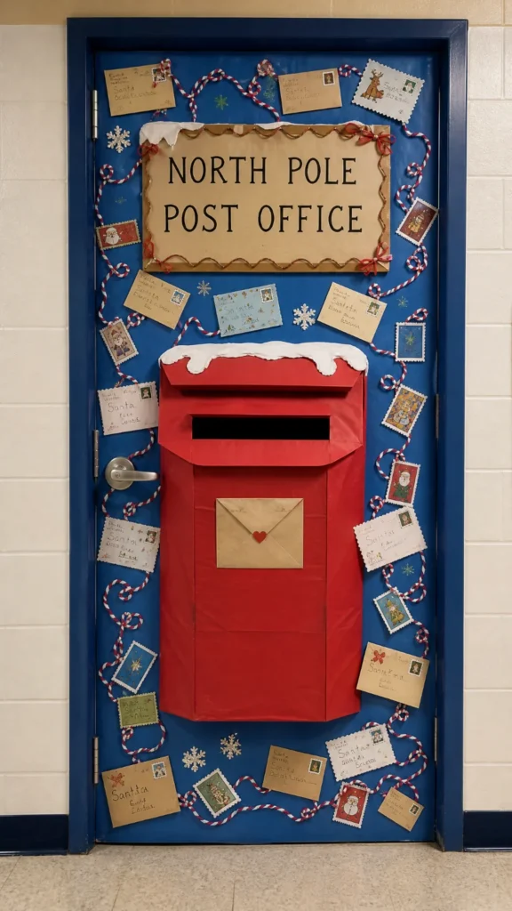 Classroom door decorated as a North Pole post office with a big red paper mailbox, a sign and letters to Santa pinned around it