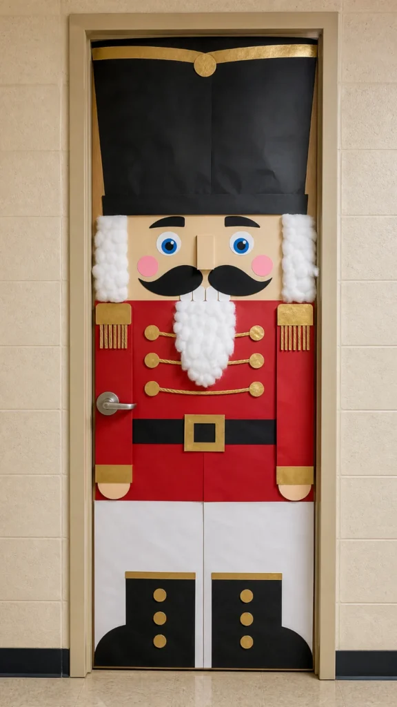 Classroom door turned into a tall nutcracker soldier with a red paper jacket, gold buttons, a tall black hat and a white cotton beard