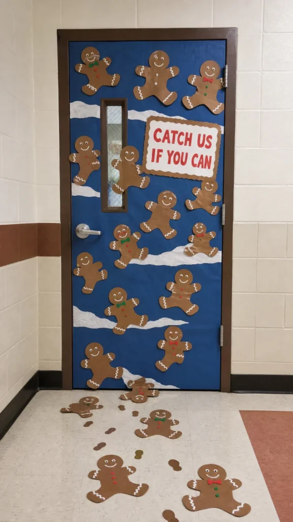 Classroom door with paper gingerbread men running across it and escaping down the hallway floor, with a Catch Us If You Can sign