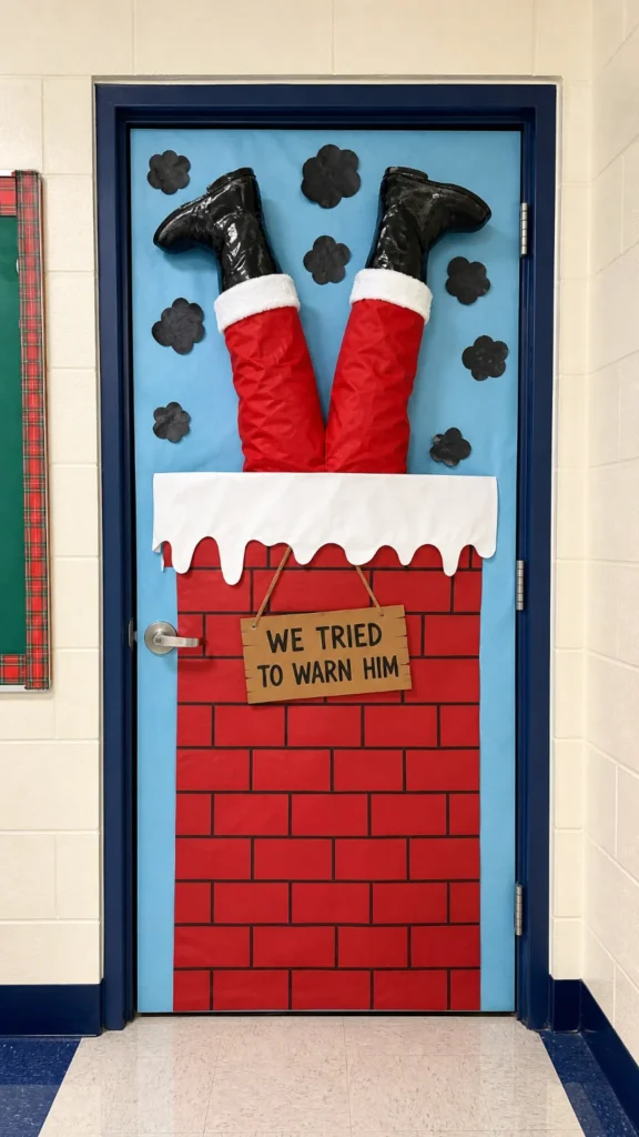 Funny Christmas classroom door with a red brick chimney and Santa's legs and boots sticking out of the top, with a sign reading We Tried to Warn Him