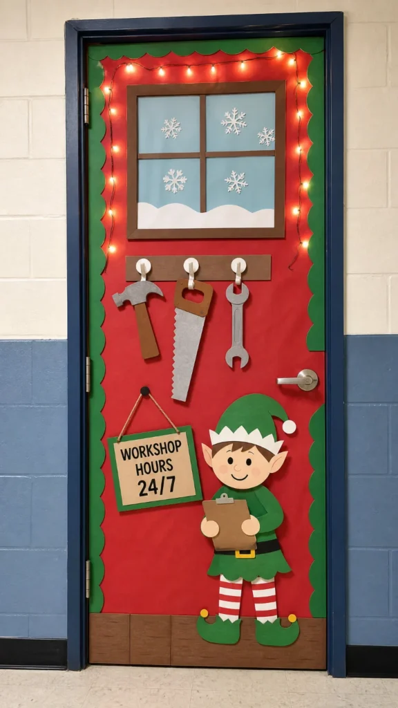 Close up of Santa's Workshop classroom door details with paper tools on hooks, a Workshop Hours 24/7 sign and a paper elf with a clipboard