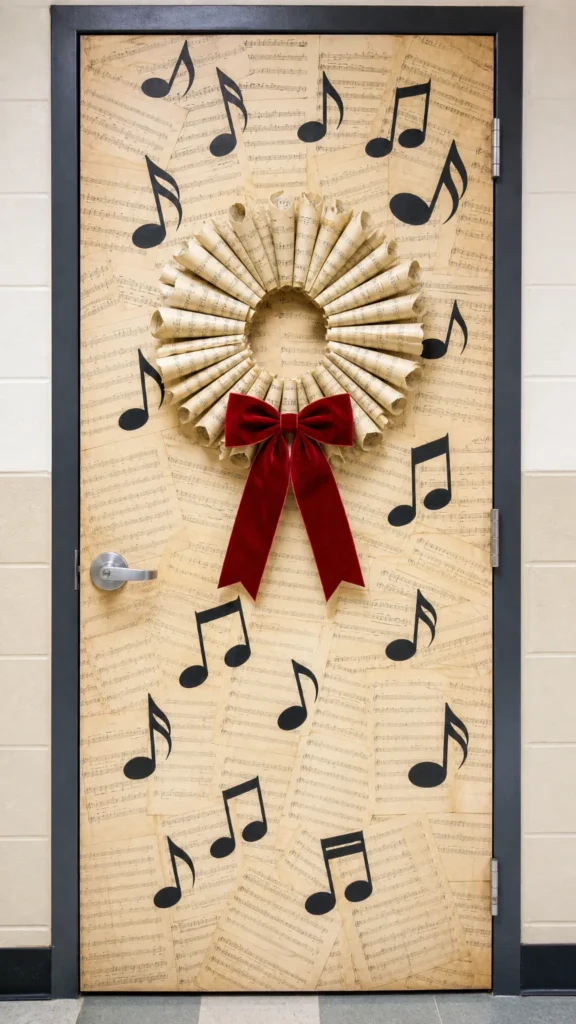 Classroom door covered in vintage sheet music with a rolled sheet music wreath, a red bow and large black paper music notes