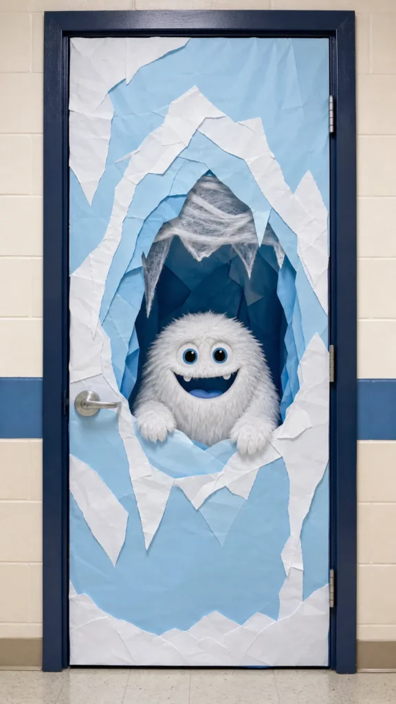 Ice cave classroom door with layered pale blue and white paper ice and a friendly white furry snow monster with big eyes peeking out