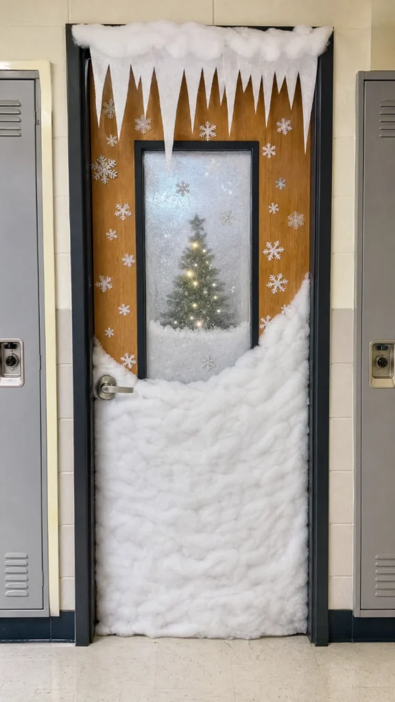 Snowed in classroom door with cotton snow drifts up to the handle, paper icicles along the top and a frosted window with a Christmas tree