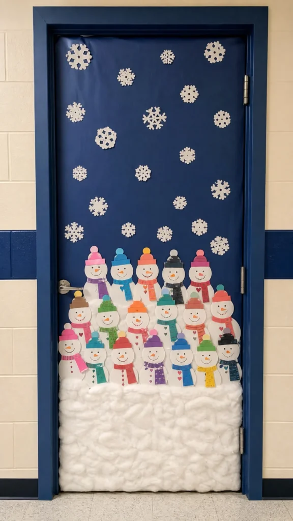 Navy classroom door with rows of small paper snowmen, each with a child drawn face and a different colored hat and scarf