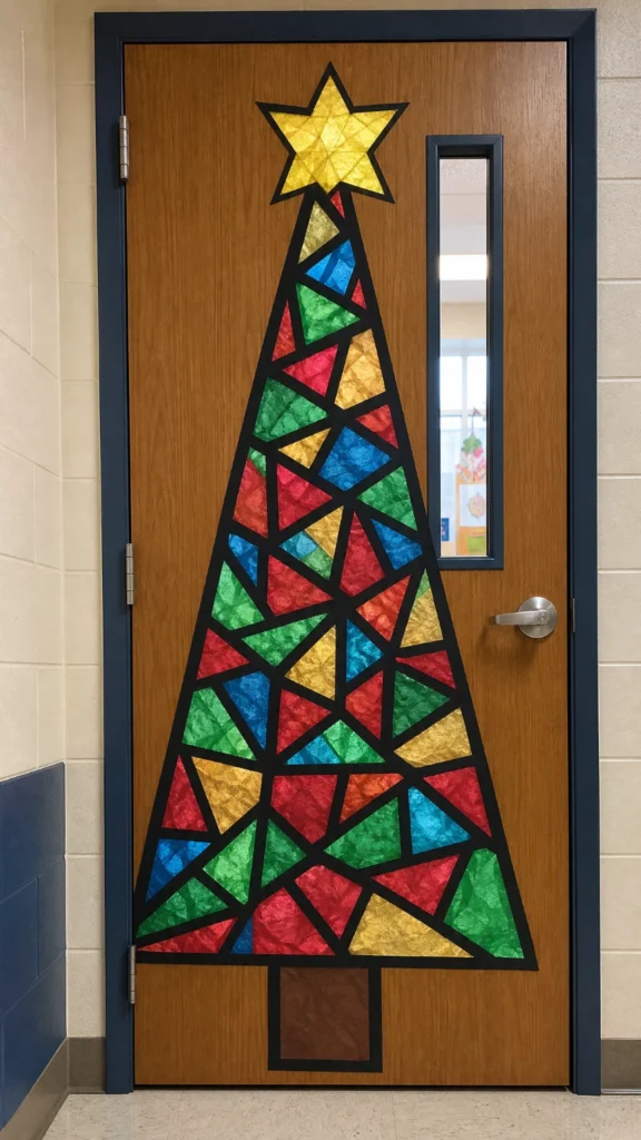 Stained glass Christmas tree classroom door made from black paper outlines filled with red, green, gold and blue tissue paper glowing with light