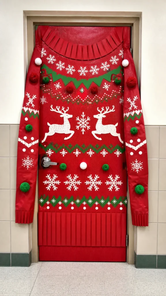 Classroom door dressed as a giant ugly Christmas sweater with a knitted reindeer and snowflake pattern and pom pom baubles