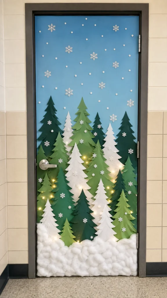 Winter wonderland forest classroom door with layered paper pine trees in several greens, a pale blue sky, cotton snow banks and small warm lights