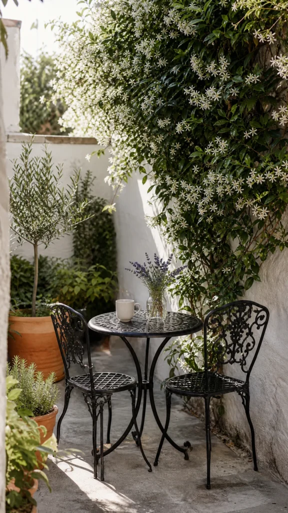 Black cast aluminum bistro table and two chairs with a coffee cup and lavender in a tiny concrete courtyard corner with star jasmine
