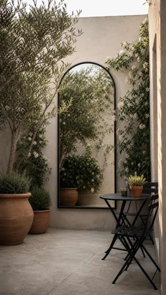 Tall black arched garden mirror on a pale courtyard wall reflecting an olive tree, jasmine and a small bistro table