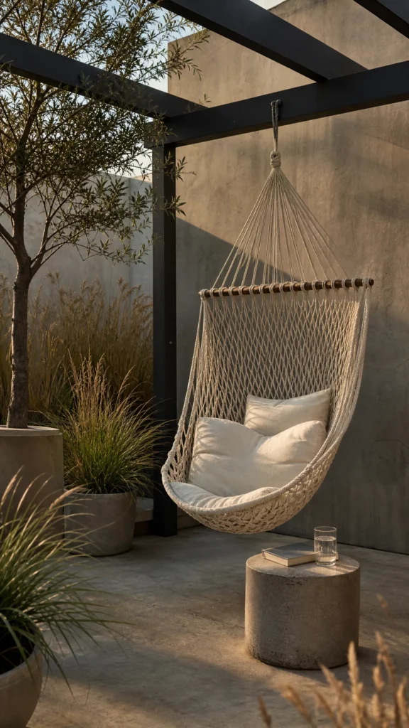 Natural cotton rope hammock chair with cream cushions hanging from a black steel pergola beam in a small concrete courtyard at golden hour