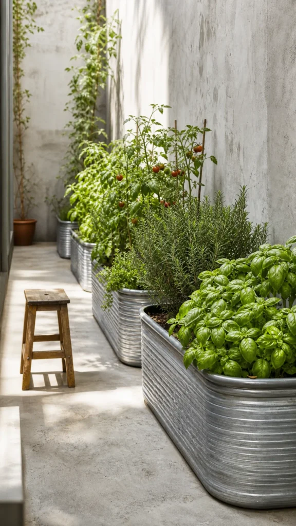 Row of tall galvanized raised trough planters with basil, rosemary, thyme and tomato plants along a narrow concrete courtyard wall