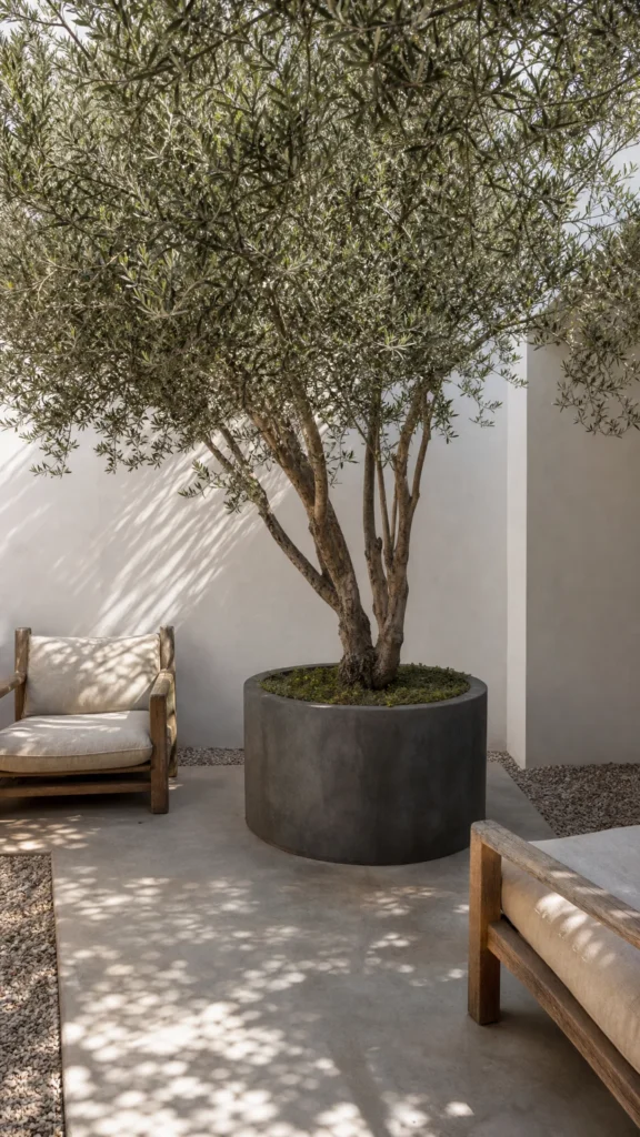 Multi-stem olive tree in a large round charcoal concrete planter at the center of a small minimalist courtyard with two lounge chairs
