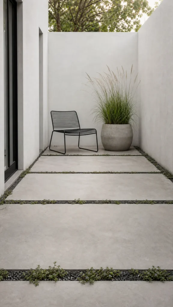 Large gray concrete pavers with wide charcoal gravel joints and creeping thyme in a small minimalist courtyard