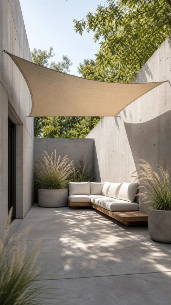 Sand colored rectangular shade sail stretched between the walls of a small modern concrete courtyard above a white cushioned outdoor sofa