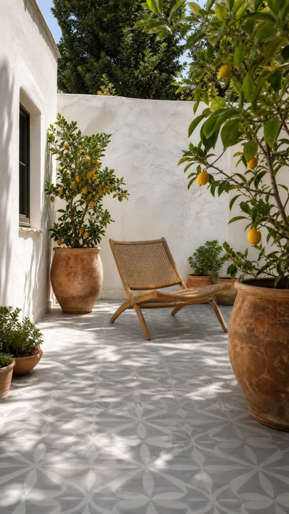 Courtyard concrete floor painted with a soft gray and white stenciled geometric tile pattern, a rattan lounge chair and potted lemon trees