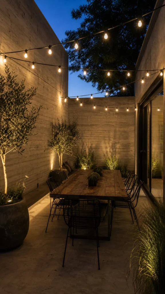 Small concrete courtyard at dusk with warm edison bulb string lights zigzagging overhead above a wooden dining table and potted olive trees