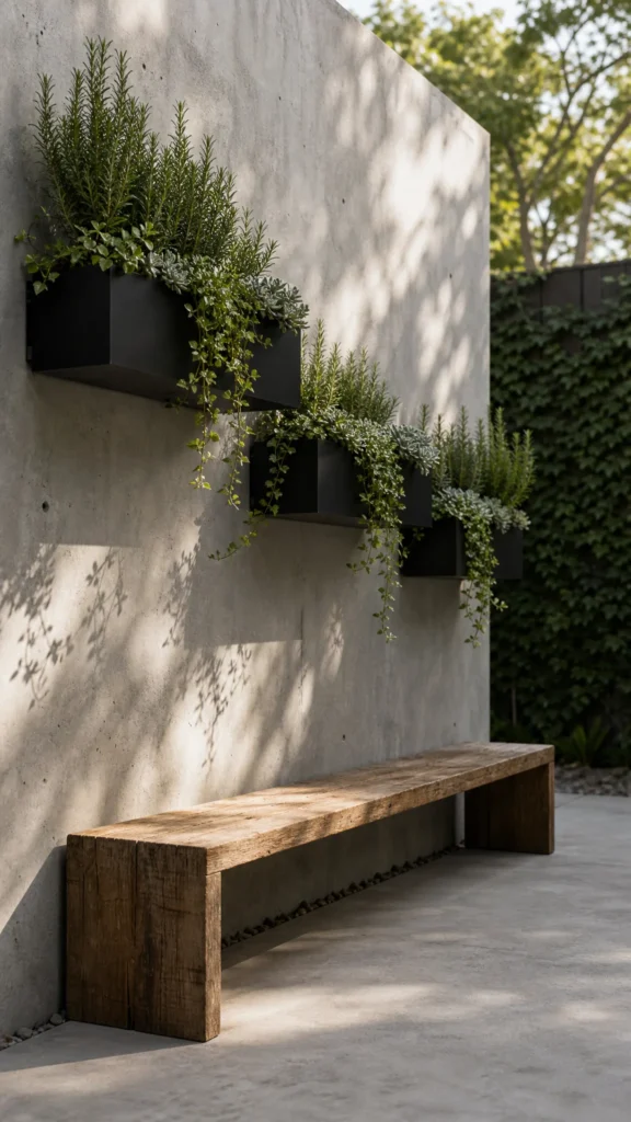 Three black metal planter boxes mounted in a staggered row on a concrete courtyard wall with trailing rosemary, creeping fig and succulents