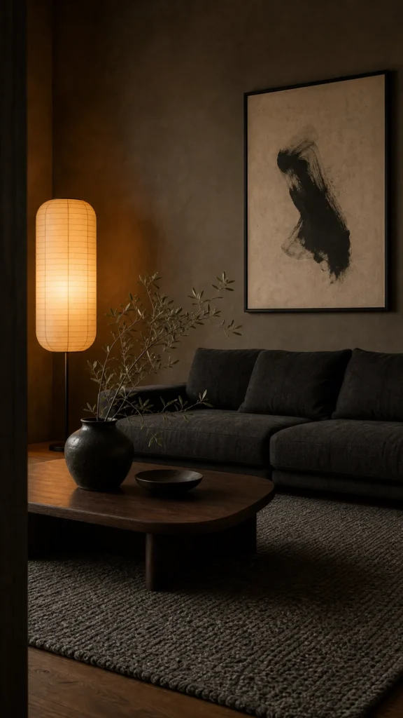 Dark Japandi living room with charcoal limewash walls, black linen sofa, walnut coffee table and glowing rice paper floor lamp