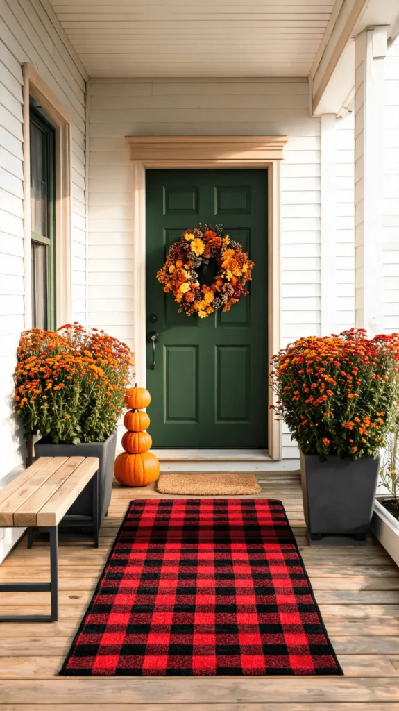 Budget fall porch decor with a red buffalo plaid rug, orange mums and stacked pumpkins by a green door