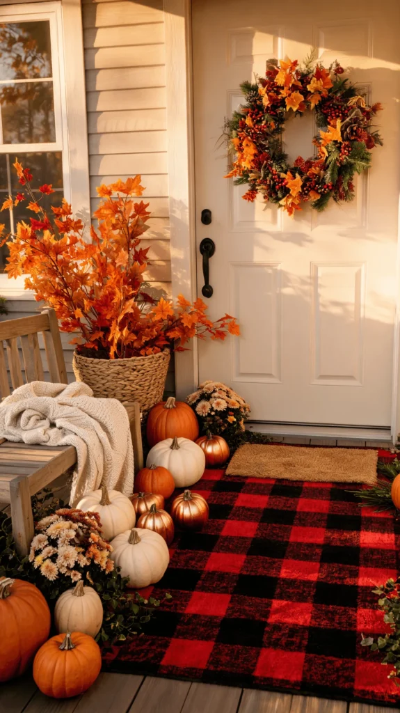 Red buffalo plaid rug layered under a doormat on a fall porch with a leaf wreath and white pumpkins