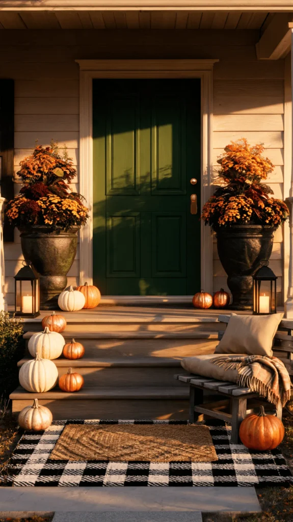 Fall front porch decor with a green door framed by matching black urns, pumpkins and a buffalo check rug