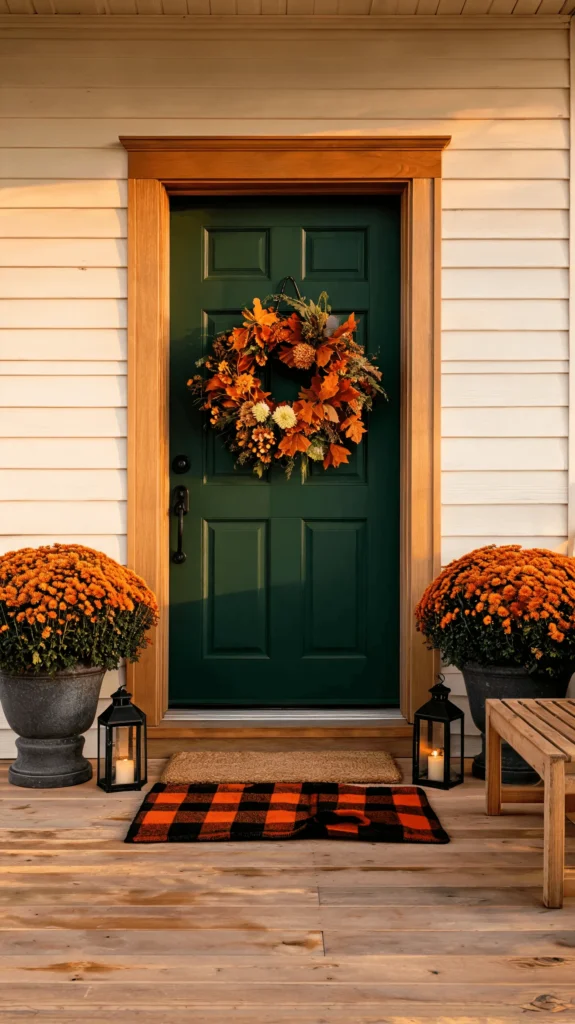 Green front door with an orange fall wreath, matching mums in urns and lanterns